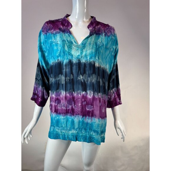 Vintage Indian Tropical Fashion Tie-Dye Tunic Top One Size 100% Rayon Embroidere - Picture 8 of 16